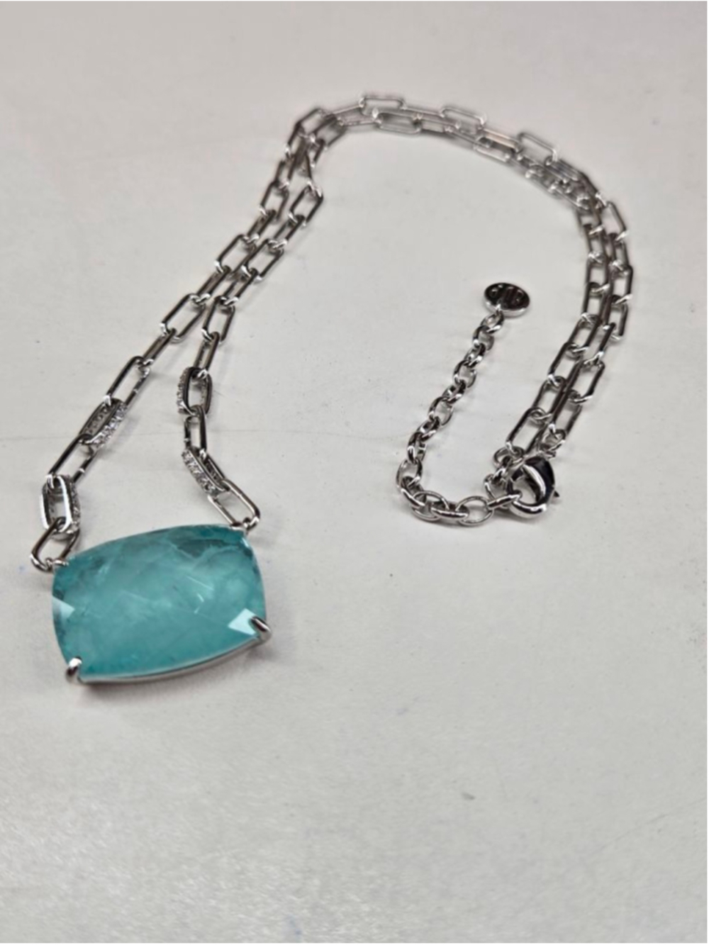 Bomb Party Necklace Blue Aragonite Pendant Rhodium Silvertone Paperclip Chain - Picture 9 of 10